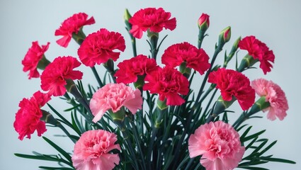 Obraz premium Close-up of pink carnations in a floral bouquet against a white backdrop