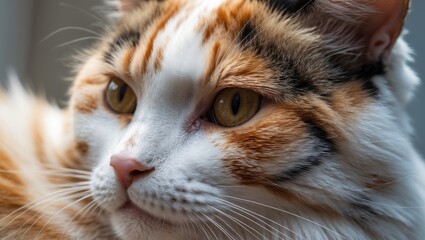 Intimate look at the soft fur of a reddish brown cat with white spotting