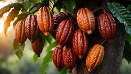 Cacao pods in orange hue growing on tree under sunlight with ample space for text