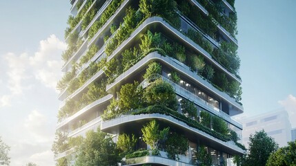 A stylish glass office building with integrated greenery and tree canopies, designed to promote sustainability and reduce carbon dioxide in the city 