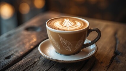 Elegant cup of cappuccino featuring latte art on a vintage wooden surface
