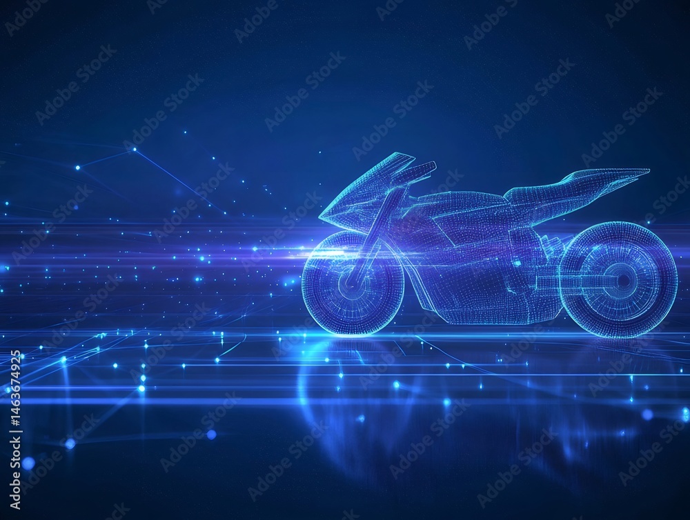 Poster ドットと線で構成された青い未来的なバイクのデジタル表現 テクノロジーとイノベーションをテーマにした背景デザイン