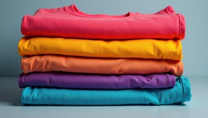 A neatly stacked pile of various colored t-shirts, shop, marketing