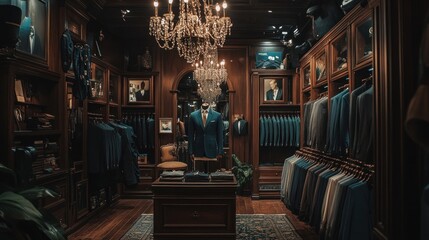 Elegant men's suit shop with chandeliers and tailored outfits
