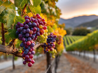 Close-up of ripe grapes hanging on a vine, with vineyard rows in the blurred background
