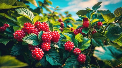 Obraz premium Blackberry bush full of ripening berries