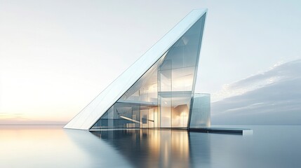 A tall, angular glass office building with a futuristic look, its reflective surface shimmering under a white background for a sleek, professional presentation 