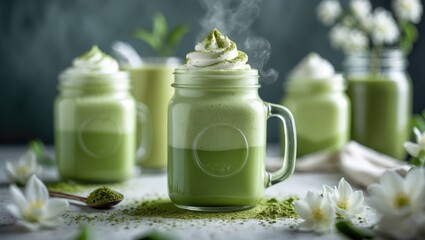 Summer-themed matcha green tea cocktail with white background