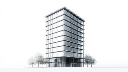 Fototapeta premium A tall office building with a polished glass exterior, the structure's minimalist design emphasizing transparency and modernity, isolated on a white backdrop 