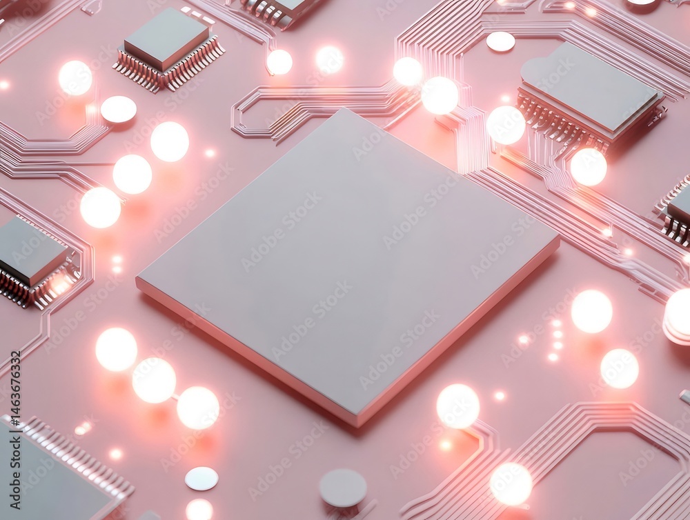 Poster ピンクの背景に光る球体とマイクロチップが特徴的な未来的技術回路基板のクローズアップ