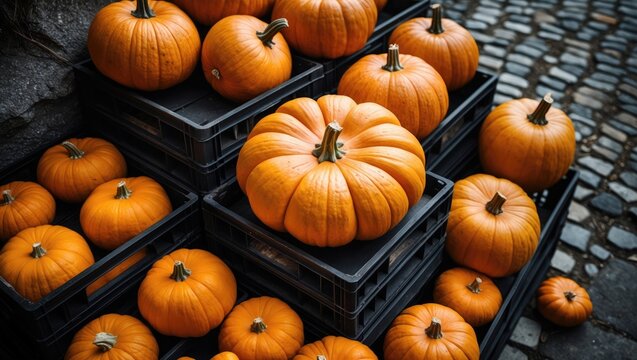 Colorful seasonal display of ripe pumpkins