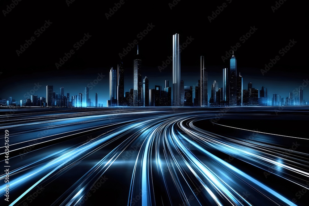 Poster 青色に光る未来都市の夜景 高速道路の光跡が都市の建物を照らす抽象的な都市景観