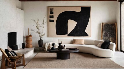 Modern living room interior design with abstract art.