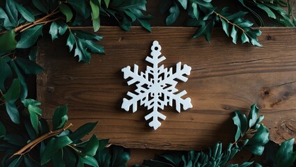 Holiday Snowflake Ornament featuring tree greens on a wood board backdrop with room for personalized message. Horizontal perspective