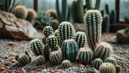 Greenhouse garden background with tiny tropical cactus