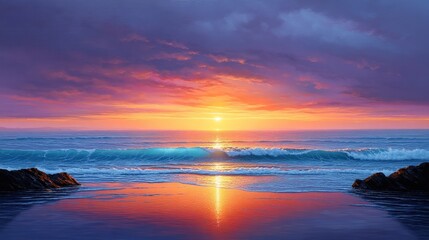 Serene Ocean Sunset - Vibrant sunset over a tranquil ocean, gentle waves lapping the shore, rocks framing the scene. Peaceful and calming