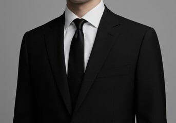 Close-up of a man wearing a classic black suit, white shirt, and black tie against a neutral background