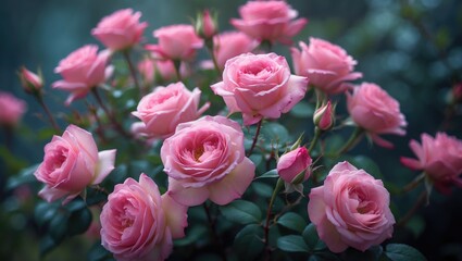 Blooming pink roses on a flowering rose bush