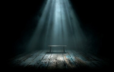 Obraz premium Mysterious Empty Room with Wooden Bench and Spotlight