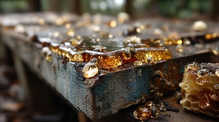 Honey drips on rustic wooden surface