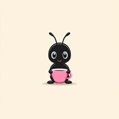 Cute ant with a pink coffee cup