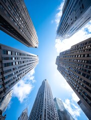 Soaring Skyscrapers in New York City Daytime - Urban architecture, towering buildings, blue sky, city scene, upward perspective. Symbolizing ambition, progress, modernity, strength, and height