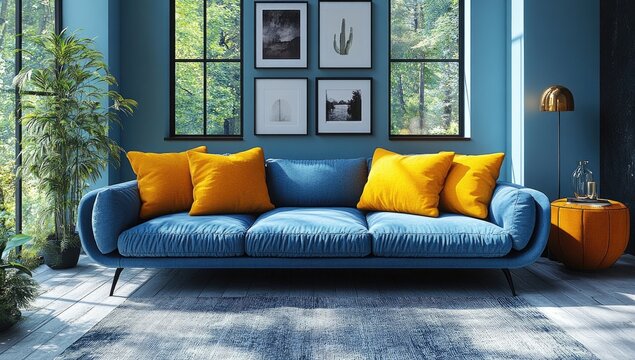 Modern living room interior design with bold accents.