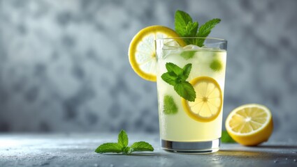Fototapeta premium Refreshing iced tea with lemon, mint, and ice served on a summer table