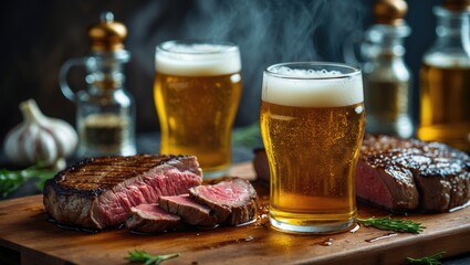 Two cold beer glasses with grilled cap rump steak slices on a wooden cutting board