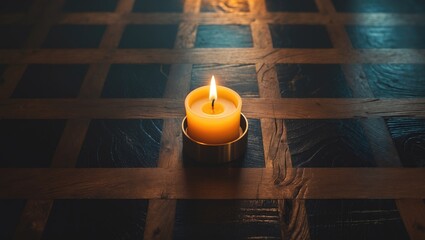 Old-fashioned candlelit scene featuring a burning candle on a wooden table with atmospheric lighting