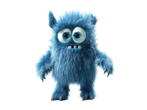 Isolated Fuzzy Blue Monster with Big Eyes
