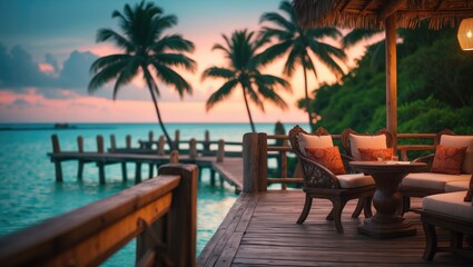 Evening scene at a tropical hotel beach bar overlooking sea and sky