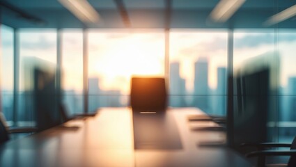 Fototapeta premium Modern business environment with open space, sleek decor, and warm sunlight filtering through large glass windows, ideal for corporate collaboration.