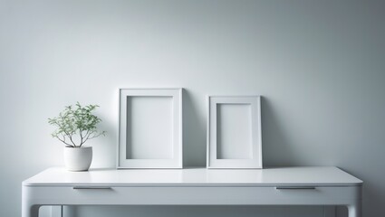 Desk in white with two photo frames and a tiny green plant in a minimal pot positioned against the wall