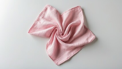 Top-down view of pink fabric napkin isolated on white background with folded design for template