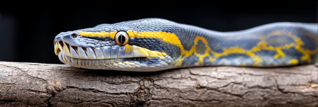 Stunning Blue Yellow Python on Wood - Close-up of a vibrant blue and yellow python resting on a piece of wood. Beautiful reptile texture and colors