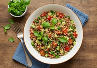 Quinoa salad with tomatoes cucumbers and basil in a bowl on a wooden table