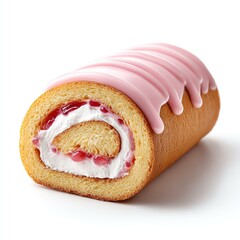 Pink Icing Strawberry Swiss Roll Cake on White Background