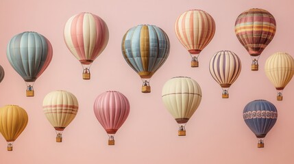 Colorful hot air balloons against light pink background