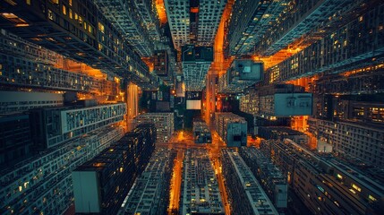 An upward view of towering urban skyscrapers at twilight, their glowing windows contrasting with the darkening sky, creating a sense of awe and metropolitan splendor 