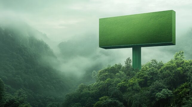 Green billboard in misty mountain forest nature advertising mockup