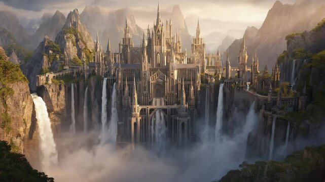 Majestic Waterfall City: A majestic, ancient city carved into the face of a sheer cliff with a waterfall cascading down its side. Sunlight bathes the stonework in a warm glow.