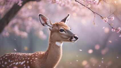 Obraz premium Detailed view of a curious young wild deer among cherry blossoms, sakura tree in bloom, pink bokeh background, no people present