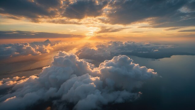 Fototapeta Beautiful scene of the sky, clouds, and ocean seen from an airplane