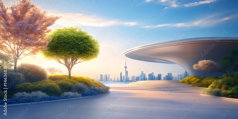 Aufkleber クウェートシティの海のそばの未来的な建物の穏やかな風景の眺めとピンクと緑の木々が青い空の下にあり、都市景観を背景にしています