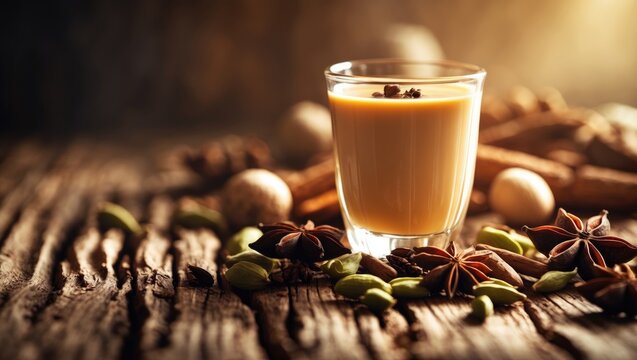 Spiced Indian tea with cinnamon, ginger, and cardamom on a wooden table