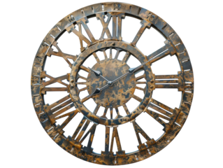 Isolated Weathered Bronze Clock Face with Roman Numerals and Openwork Design