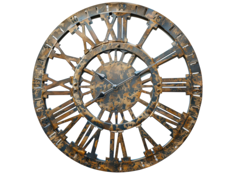 Isolated Weathered Bronze Clock Face with Roman Numerals and Openwork Design