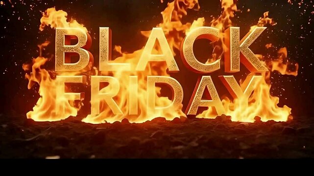 Golden black friday text with fire effects and sparks on a dark background promotional image