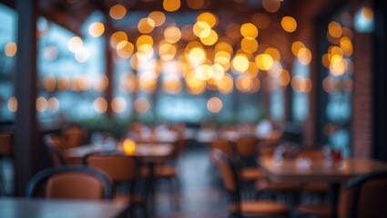 Blurry view of an outdoor cafe or bar with tables, chairs, and festive lighting